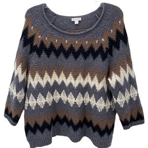 J.JILL WOMAN'S L 3/4 SLEEVE ROLLED NECKLINE FAIR ISLE ZIG ZAG CHUNKY SWEATER .